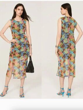 Saunders Floral Mesh Dress Sleeveless Draped Midi Sheath Multicolor 2